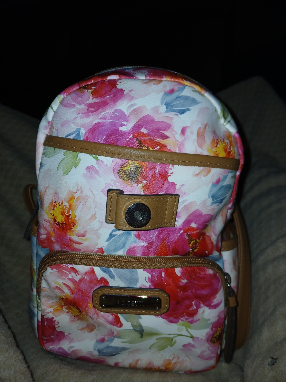 Rosetti Floral Backpack in Pink, White & Tan Trim - Picture 2 of 9